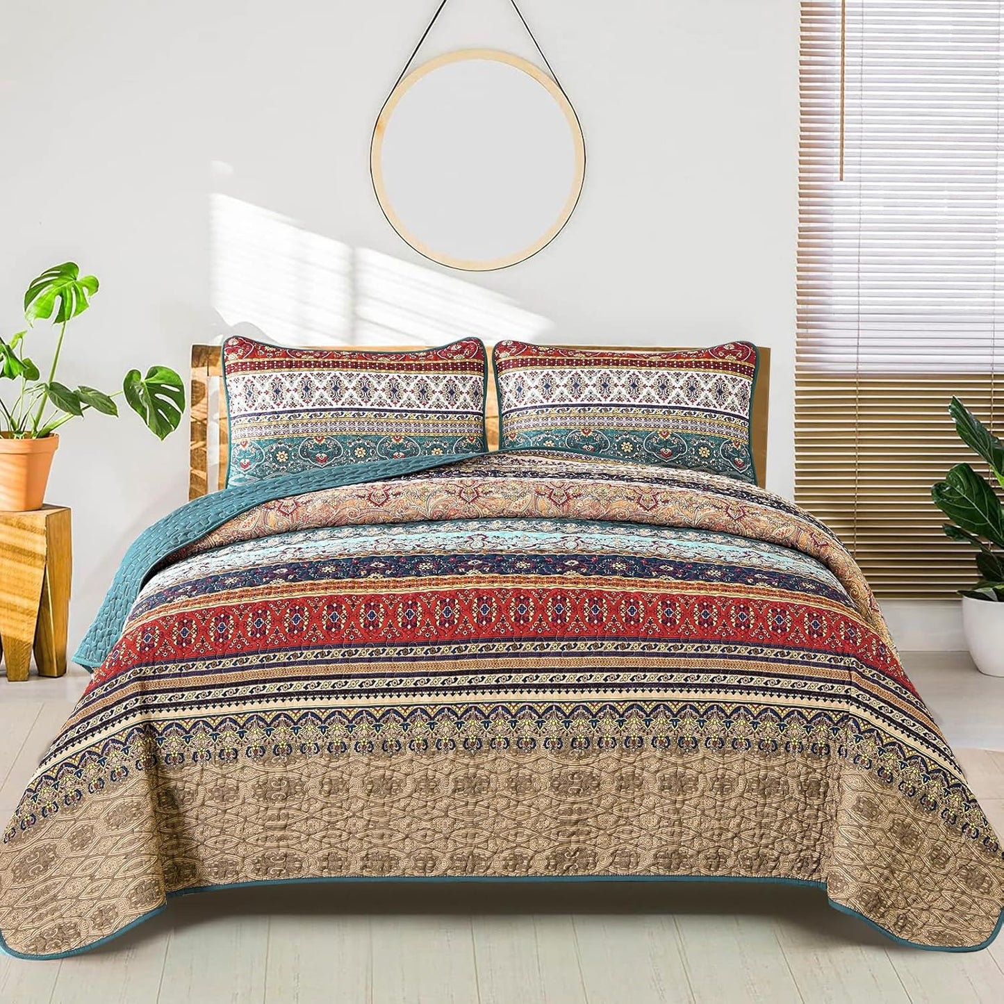 Boho Quilt Set Twin Size - Green and Brown Lightweight Bedding