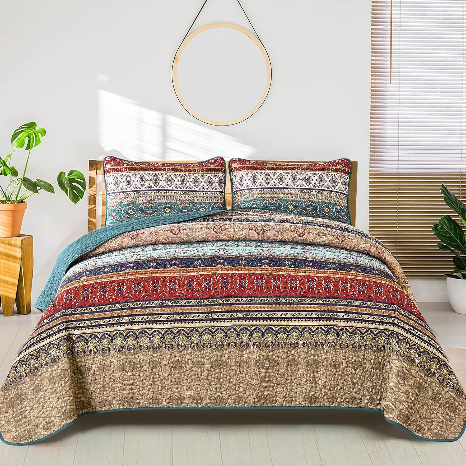 Boho Quilt Set Twin Size - Green and Brown Lightweight Bedding