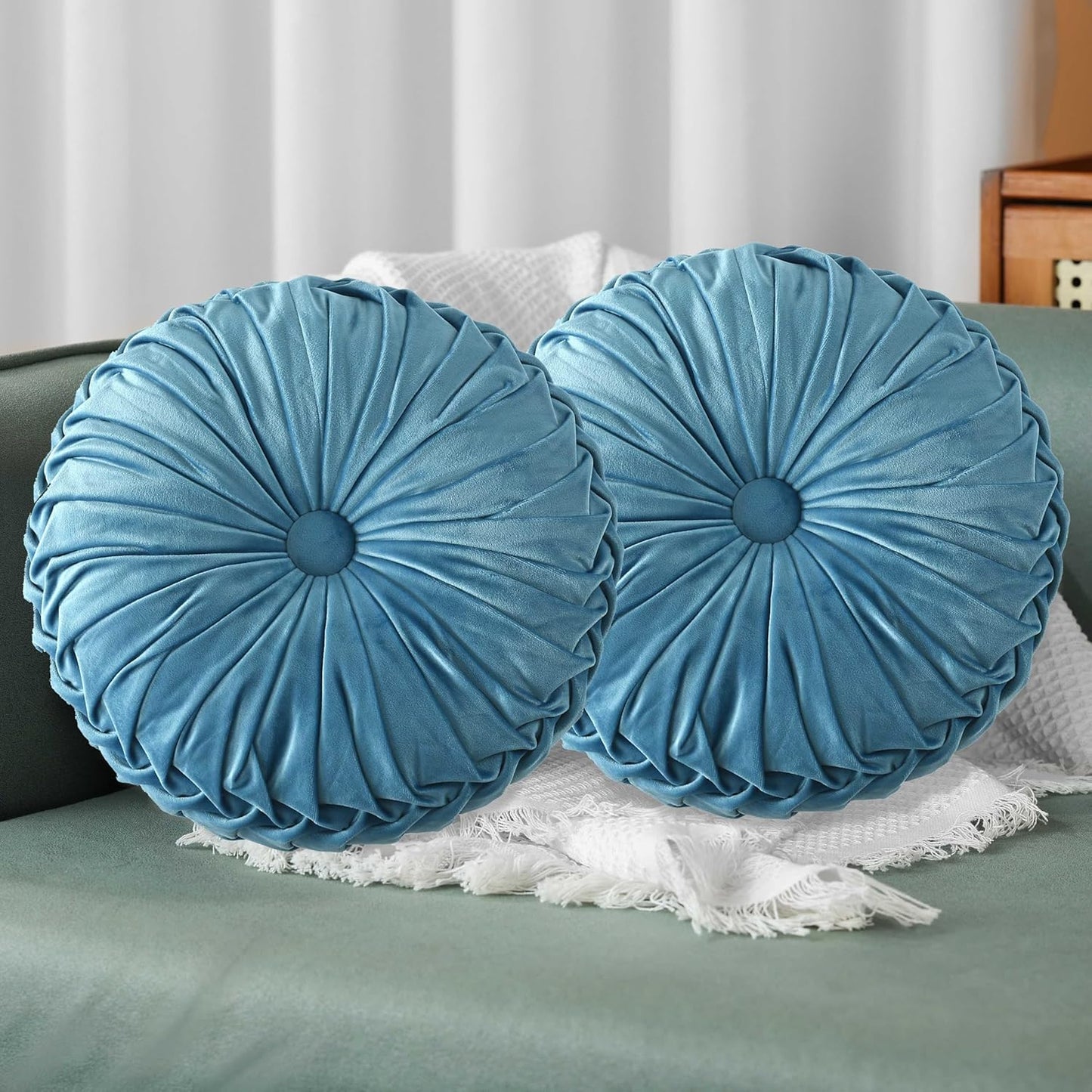 HIG Set of 2 Dusty Blue Ruched Velvet Round Throw Pillows