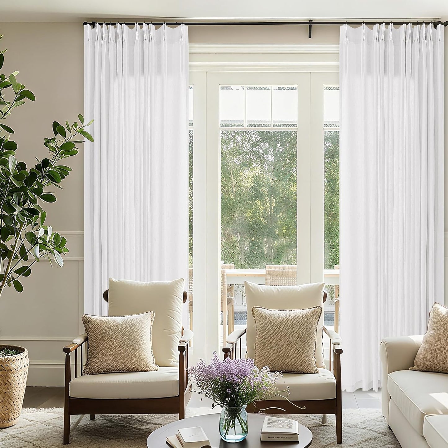 White Pinch Pleat Linen Curtains for Patio Sliding Door 72x120