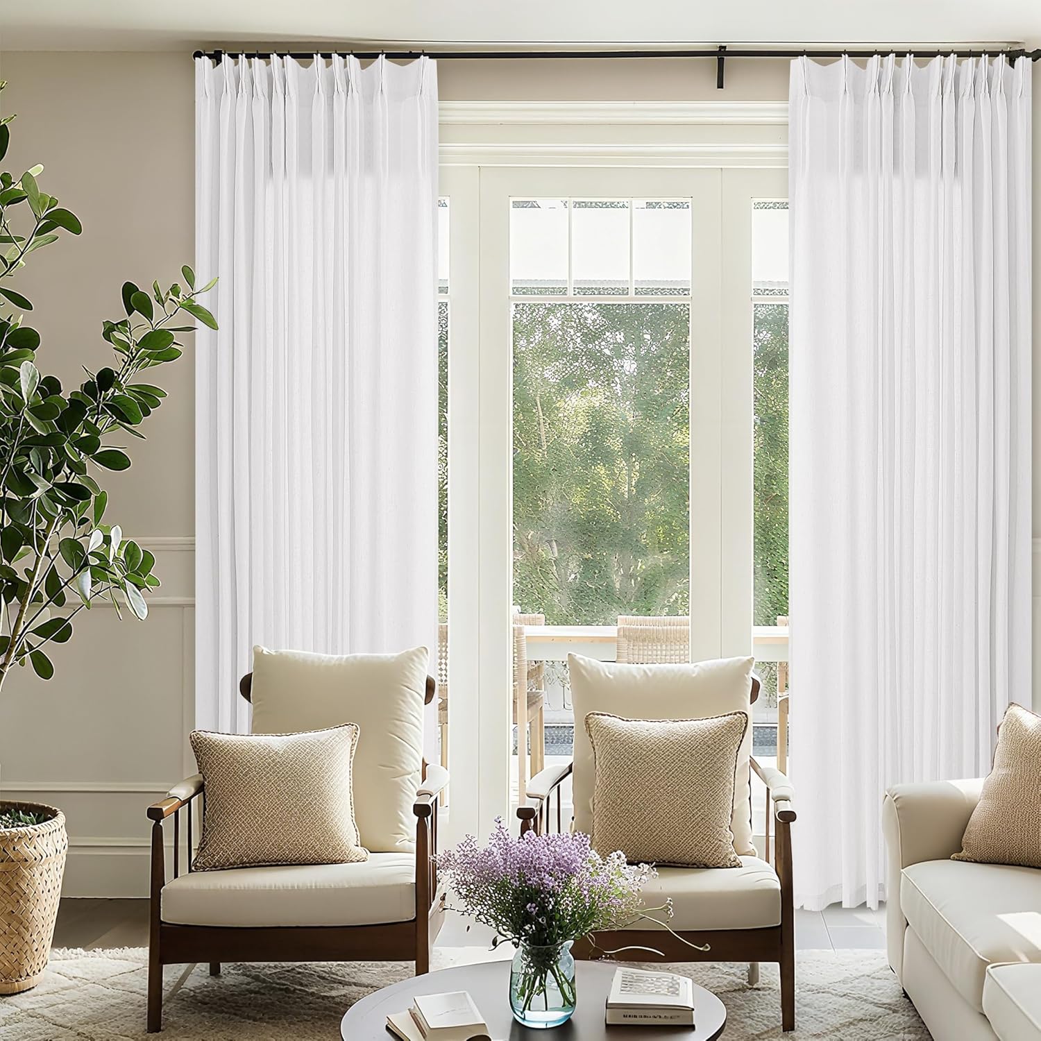 Pinch Pleat Extra Wide 72 x 108 Inch Linen Curtains for Living Room