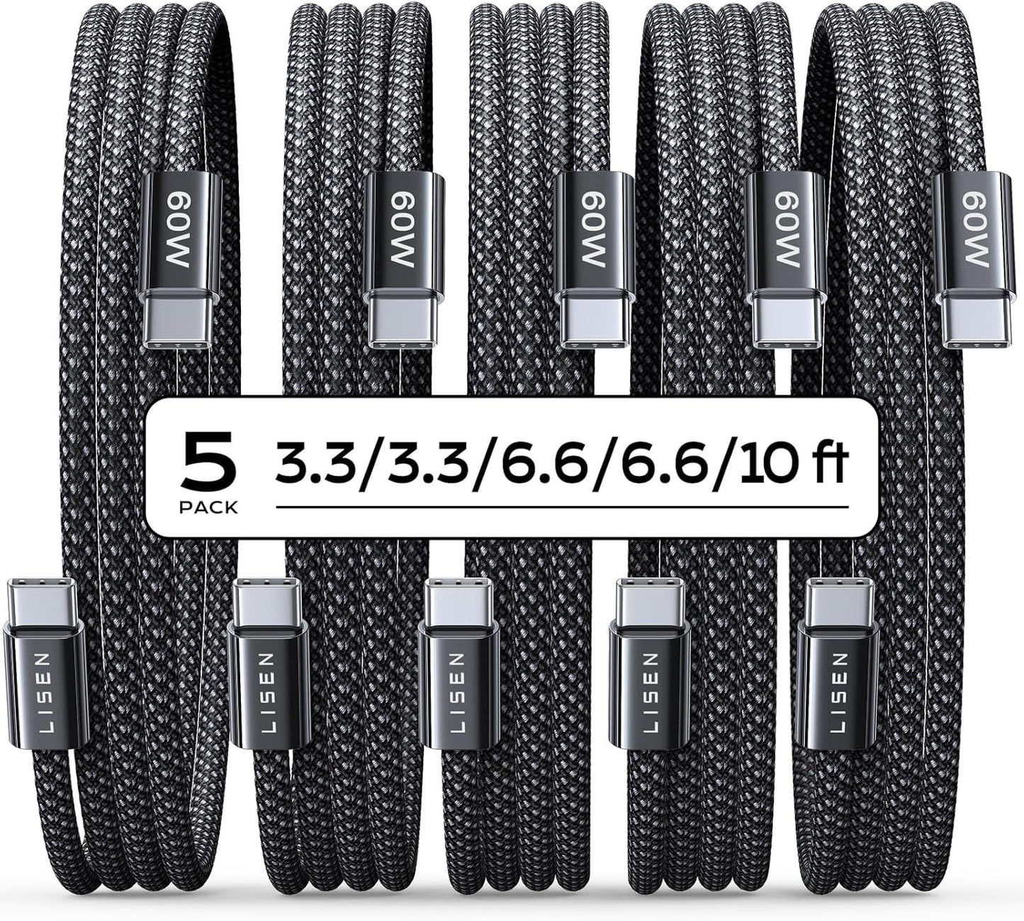 LISEN 5-Pack Fast Charging C-Cables for iPhone Samsung iPad