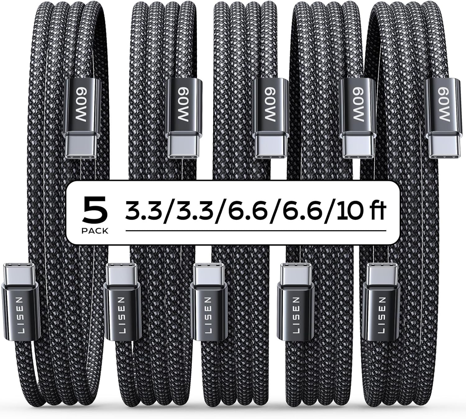 LISEN 5-Pack Fast Charging C-Cables for iPhone Samsung iPad