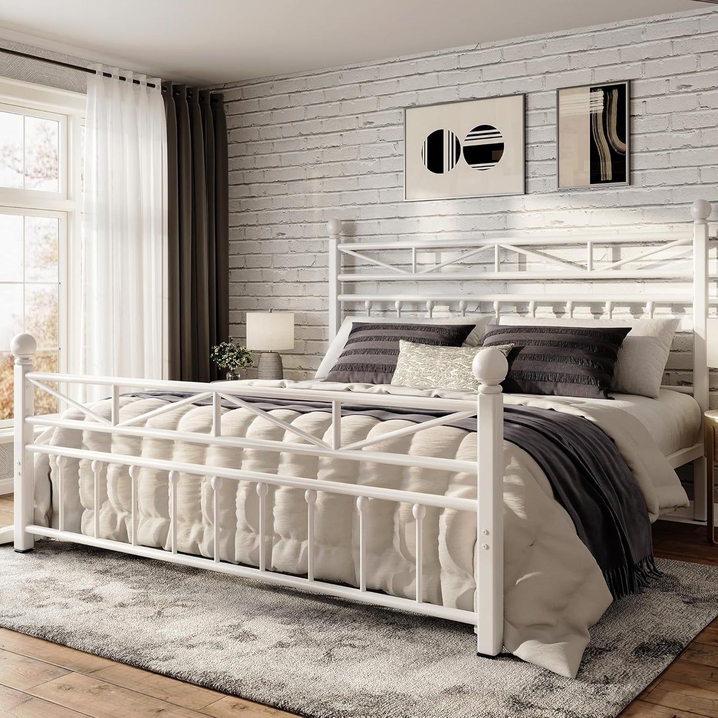 54in Metal Bed Frame Queen Size with Tall Headboard and LED Light