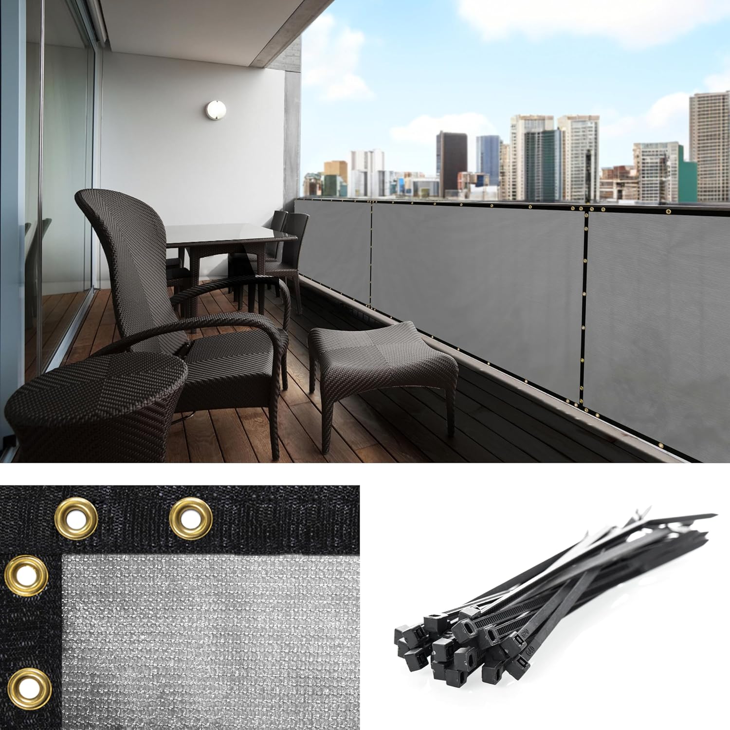 Custom Made 3ft x 48ft Grey Balcony Privacy Screen for Your Space