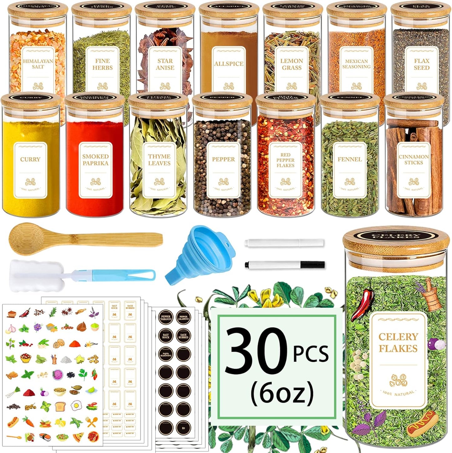 30Pcs 6oz Glass Spice Jars with Bamboo Lids for Kitchen Storage