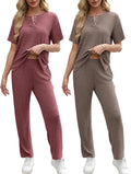 Ribbed Knit Lounge Set 2 Pack Womens Short Sleeve Henley - Soft Fit