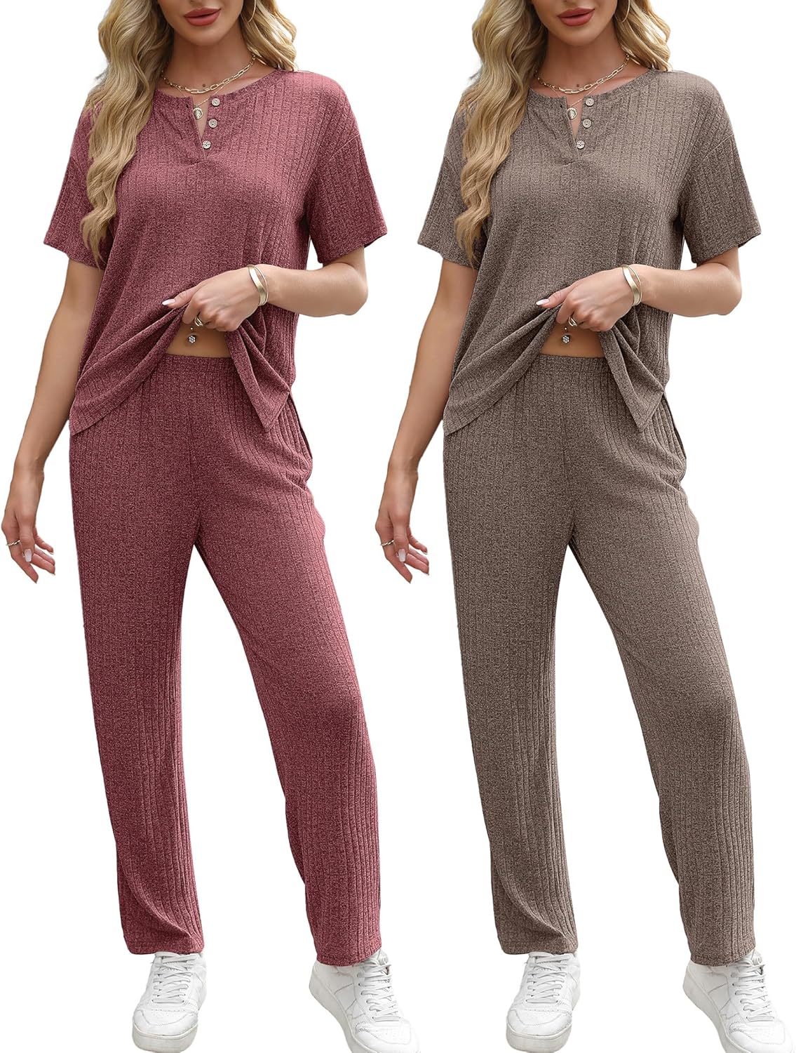 Ekouaer 2 Pack Womens Ribbed Knit Lounge Set for Comfort