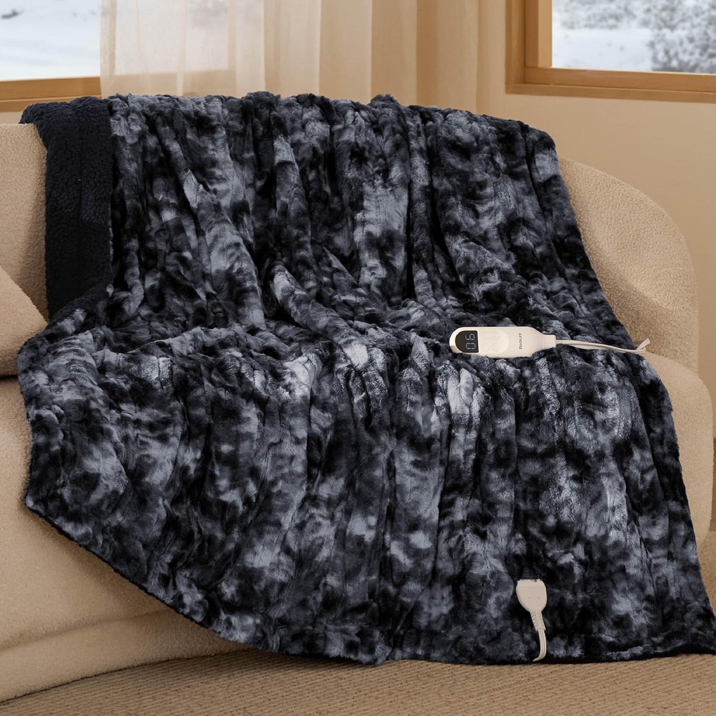 Faux Fur Heated Blanket Throw with 6 Heating Levels for Comfort