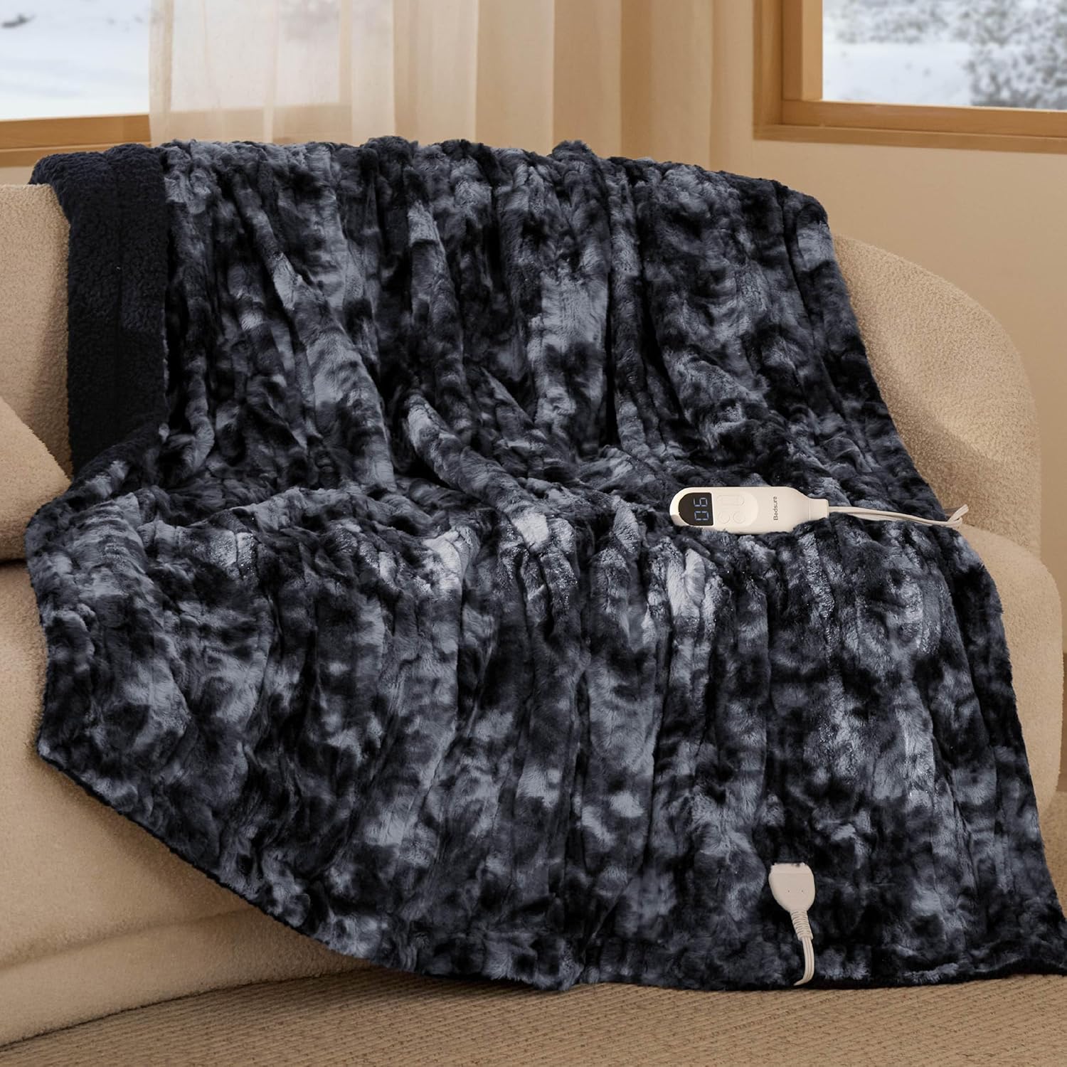 Faux Fur Heated Blanket Throw with 6 Heating Levels for Comfort