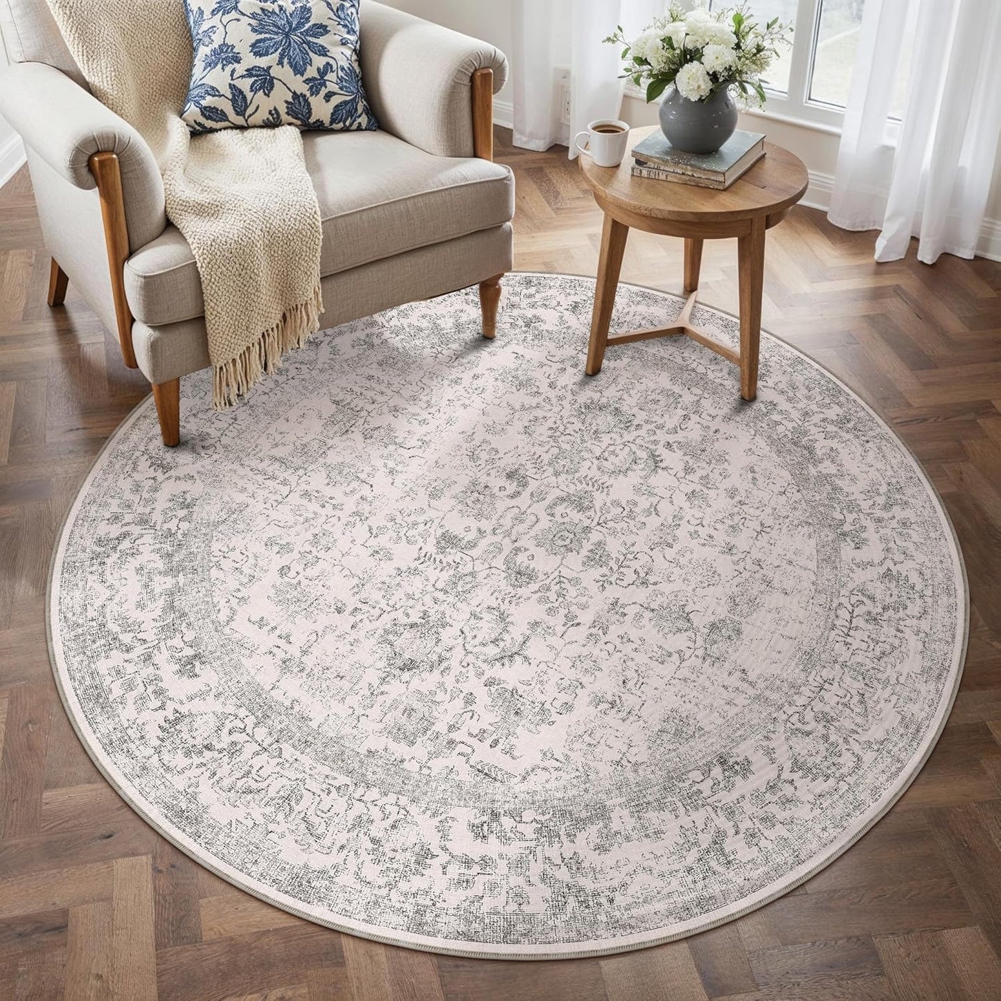 Grey Round Area Rug for Entryway and Kitchen by PureCozy