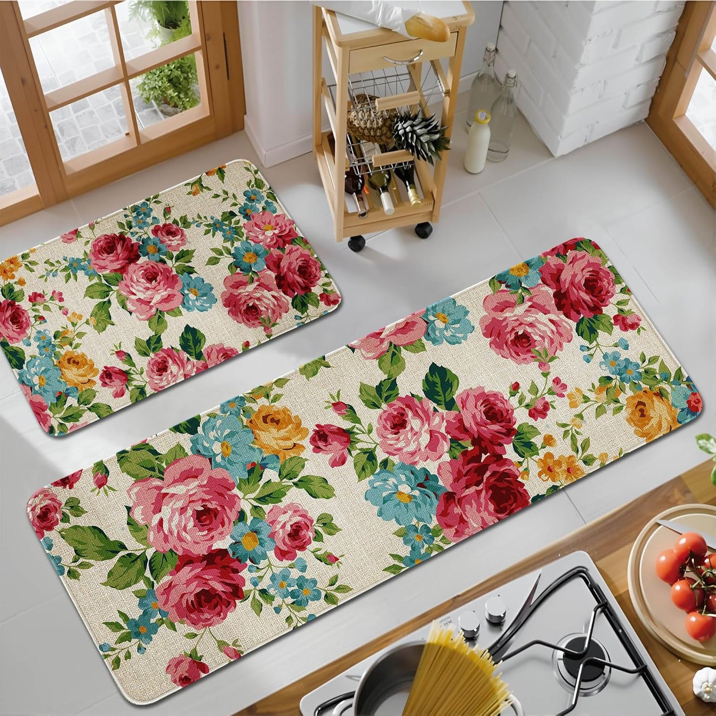 Kitchen Mats for Floor Set of 2 Non Skid Washable Floral Design