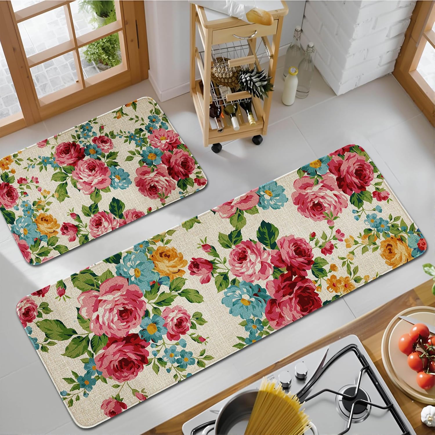 Kitchen Mats for Floor Set of 2 Non Skid Washable Floral Design