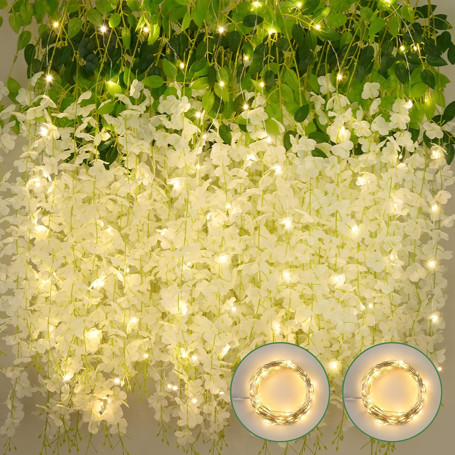 24Pcs White Fake Wisteria Hanging Flowers with Lights for Decor
