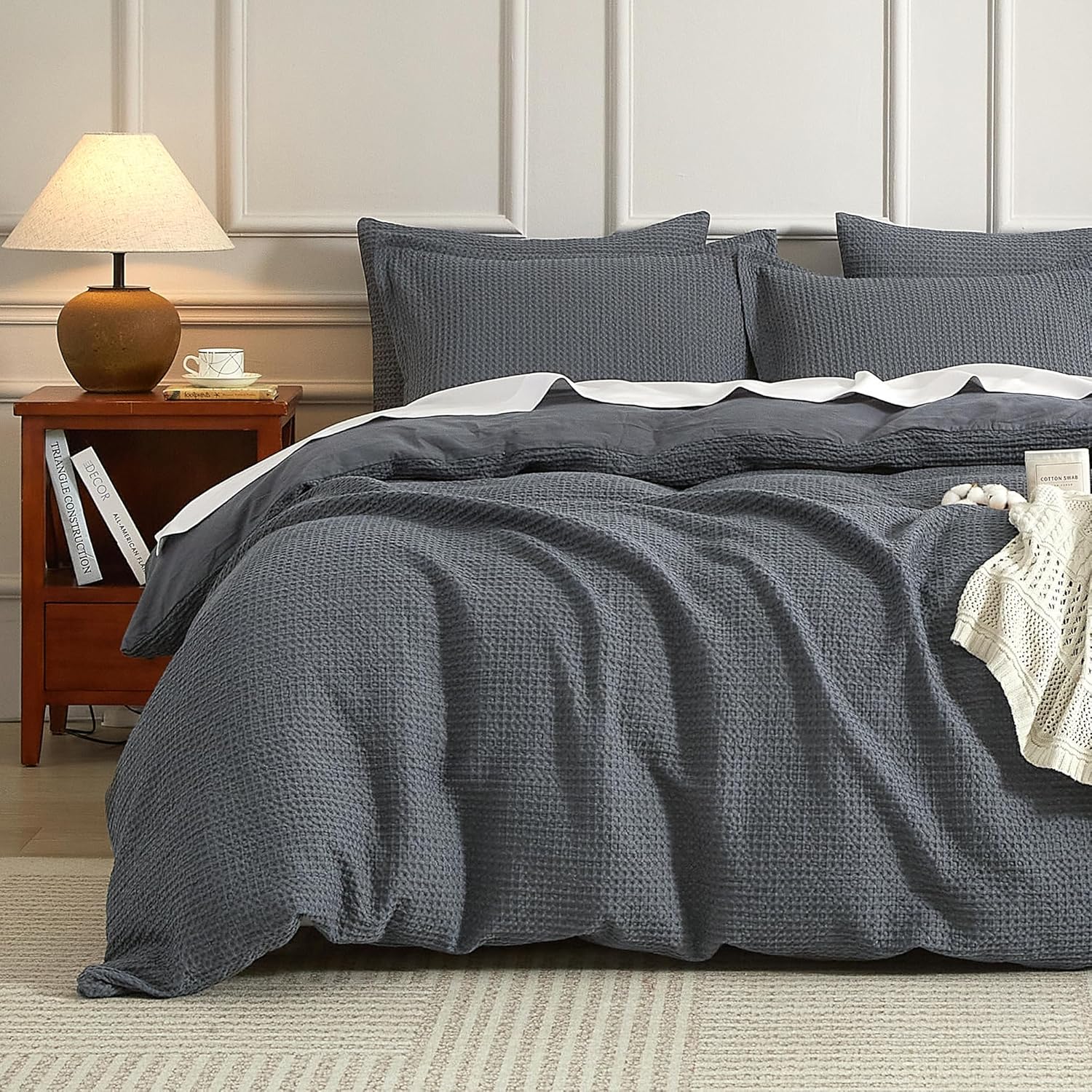 Waffle Duvet Cover King Set, 100% Cotton Soft Bedding