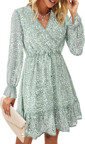 Women Floral Wrap V Neck Ruffle Tiered A Line Mini Dress - Flowy Fit