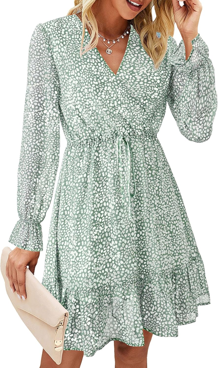 KIRUNDO Women Casual Summer Fall Dresses Long Sleeve Floral Wrap