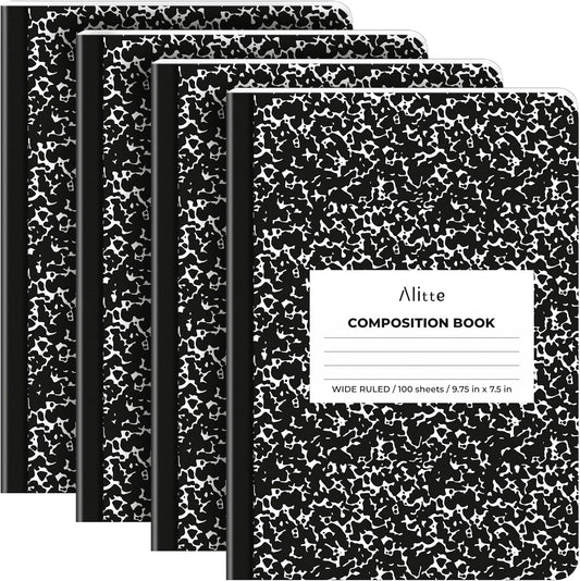 Alitte 4-Pack Wide Ruled Composition Notebooks | 200 Pages | Black Marble