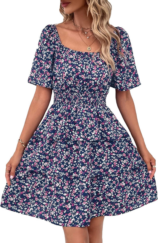 Floral Summer Short Dress with Square Neck and Ruffle Details