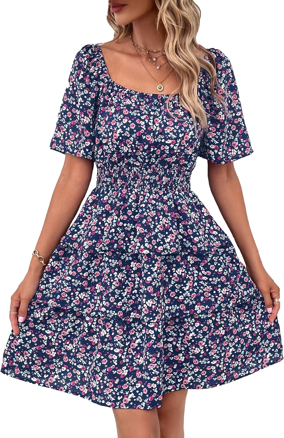 Floral Summer Short Dress with Square Neck and Ruffles