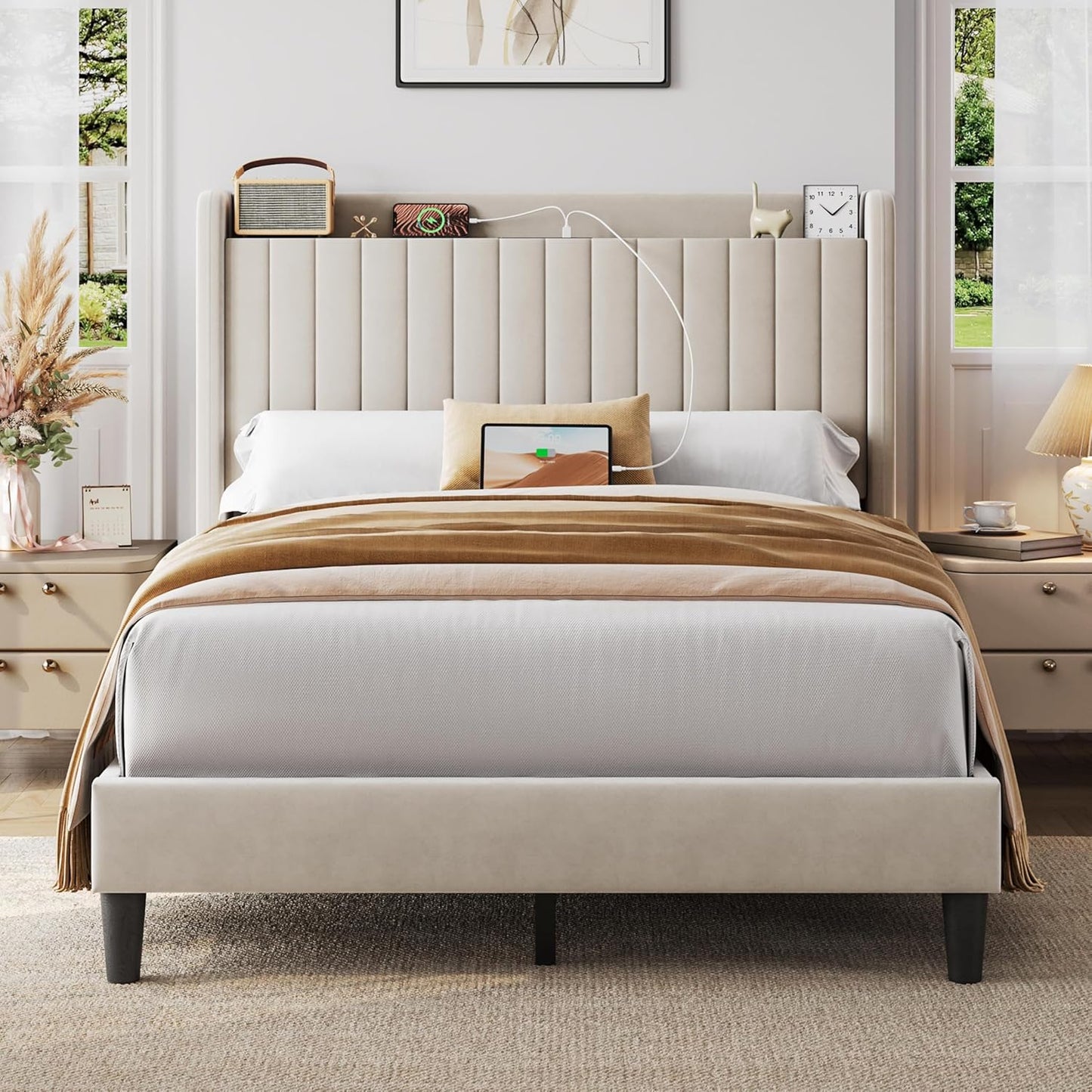 Yaheetech Full Size Bed Frame with USB Charging and Storage