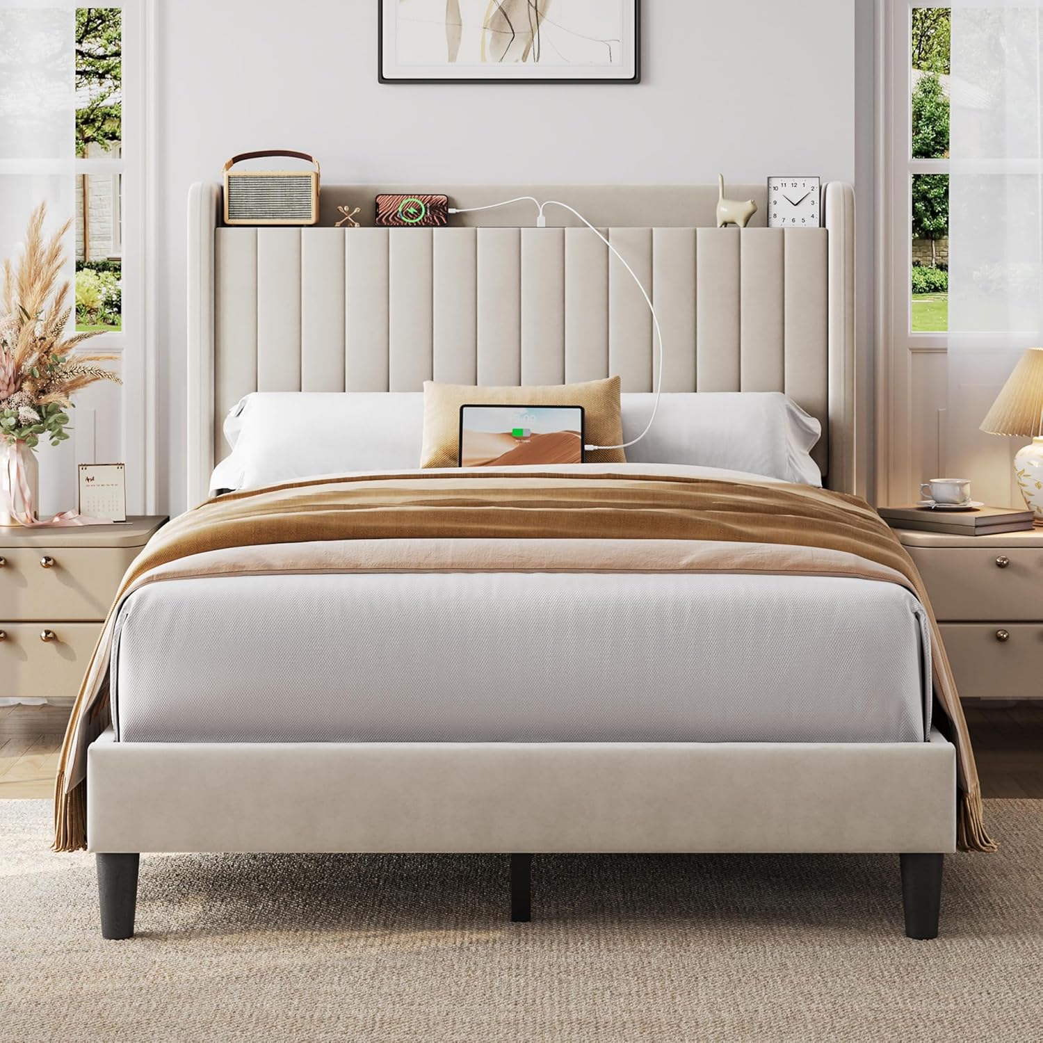 Yaheetech Full Size Bed Frame with USB Charging and Storage