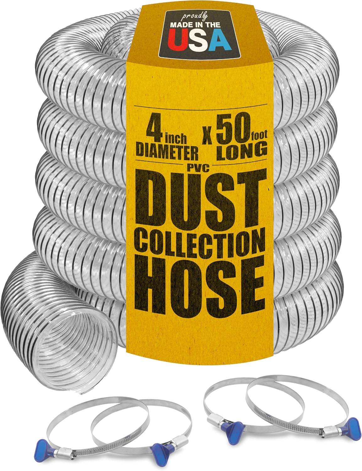 Clear PVC Dust Collection Hose with Thumbscrew Clamps, 50ft Long
