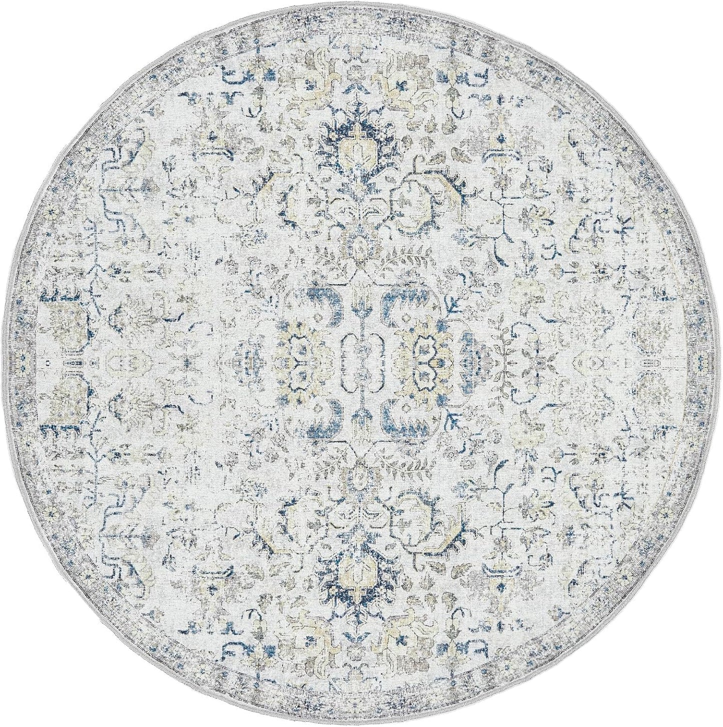 Vintage Round Area Rug 5ft for Indoor Use in Blue Floral Design