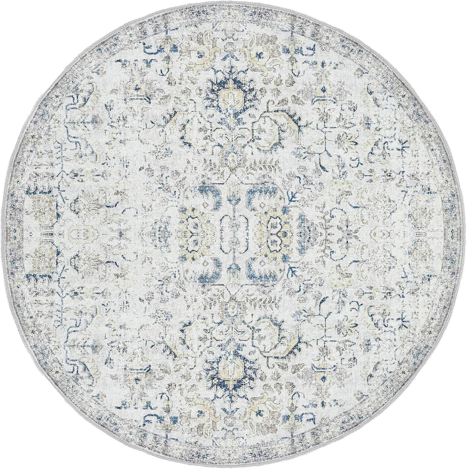 Vintage Round Area Rug 5ft for Indoor Use in Blue Floral Design