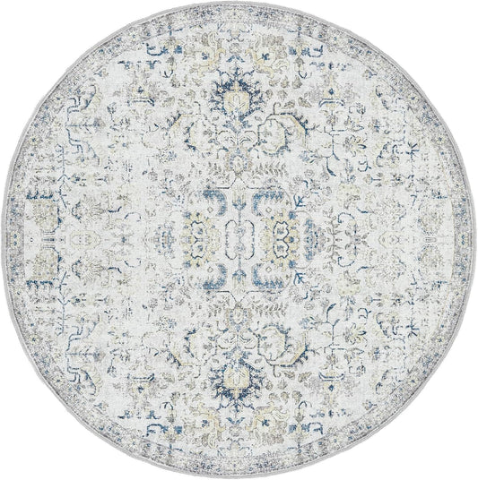 Vintage Round Area Rug 5ft for Indoor Use in Blue Floral Design