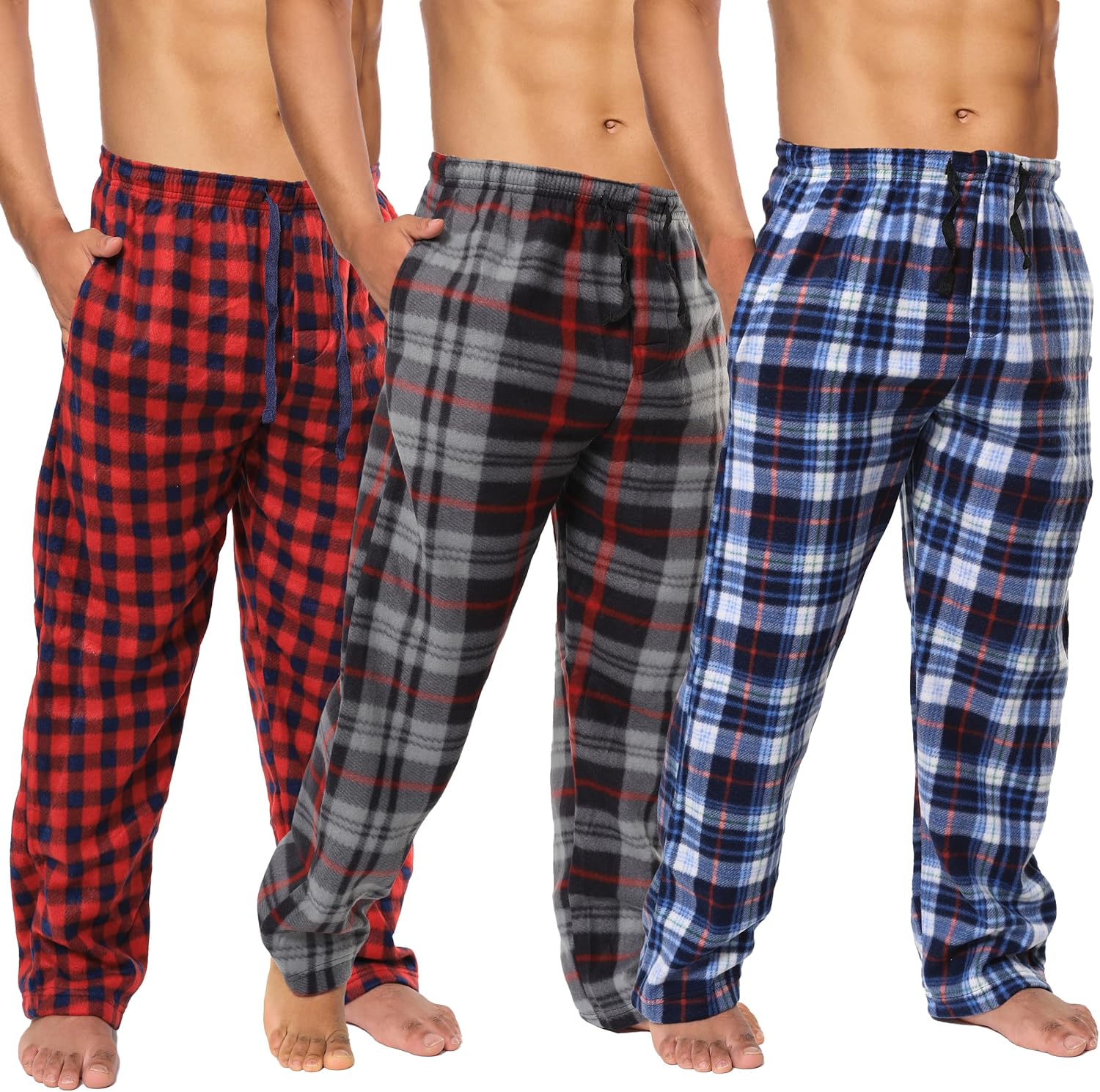 Cozy Mens Fleece Pajama Pants - 3 Pack Plaid Lounge Bottoms