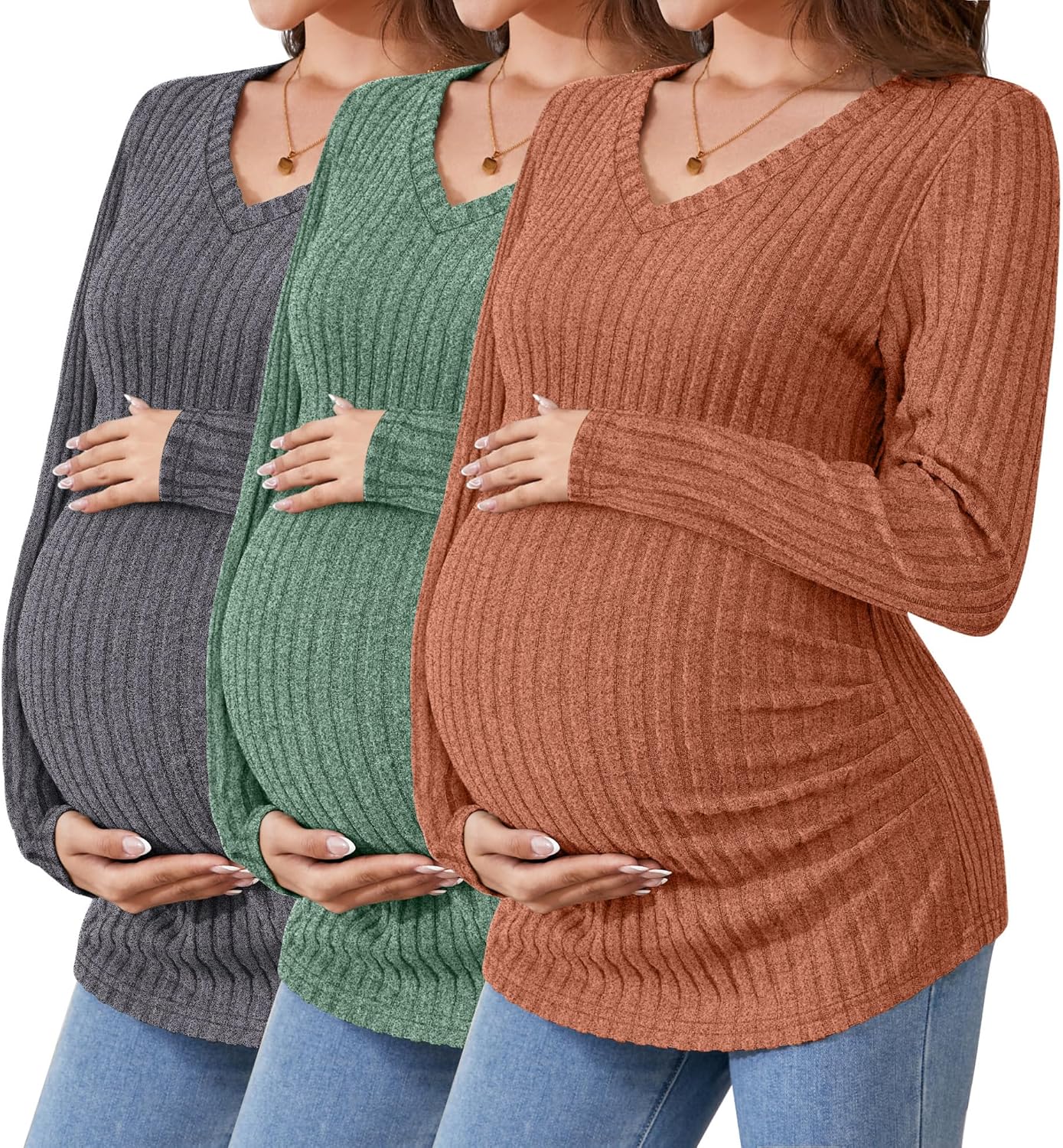 Maternity Shirts 3 Pack for Women - Ribbed Long Sleeve Tops