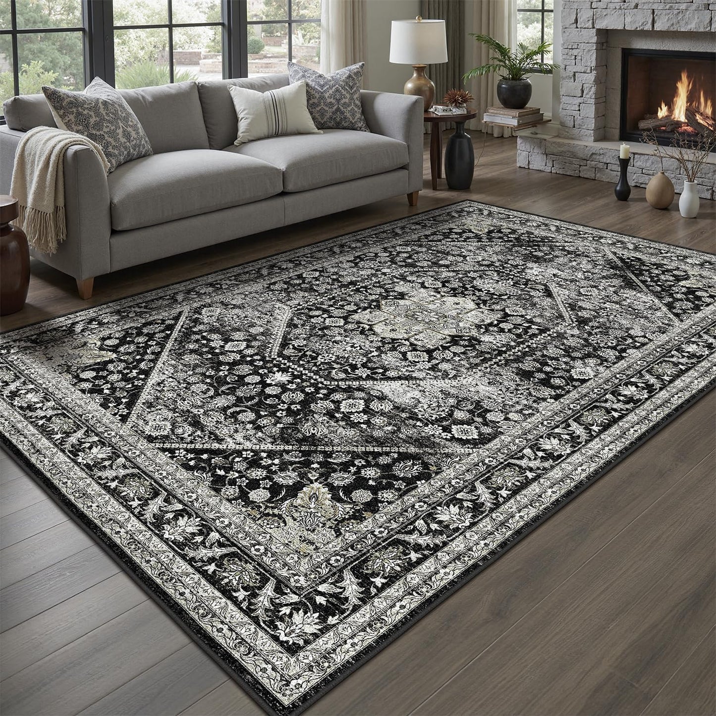 DCX Machine Washable Black Area Rug 4x6 for Living Room