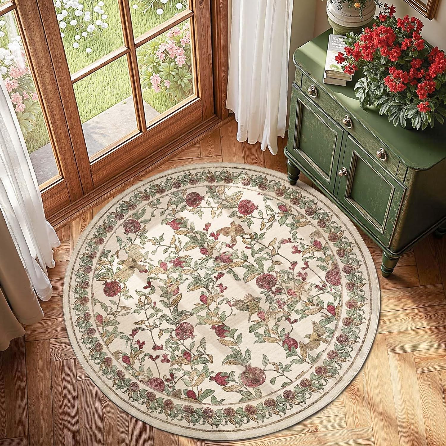 jinchan Floral Round Rug 4ft Area Rug Soft Non-Slip Vintage