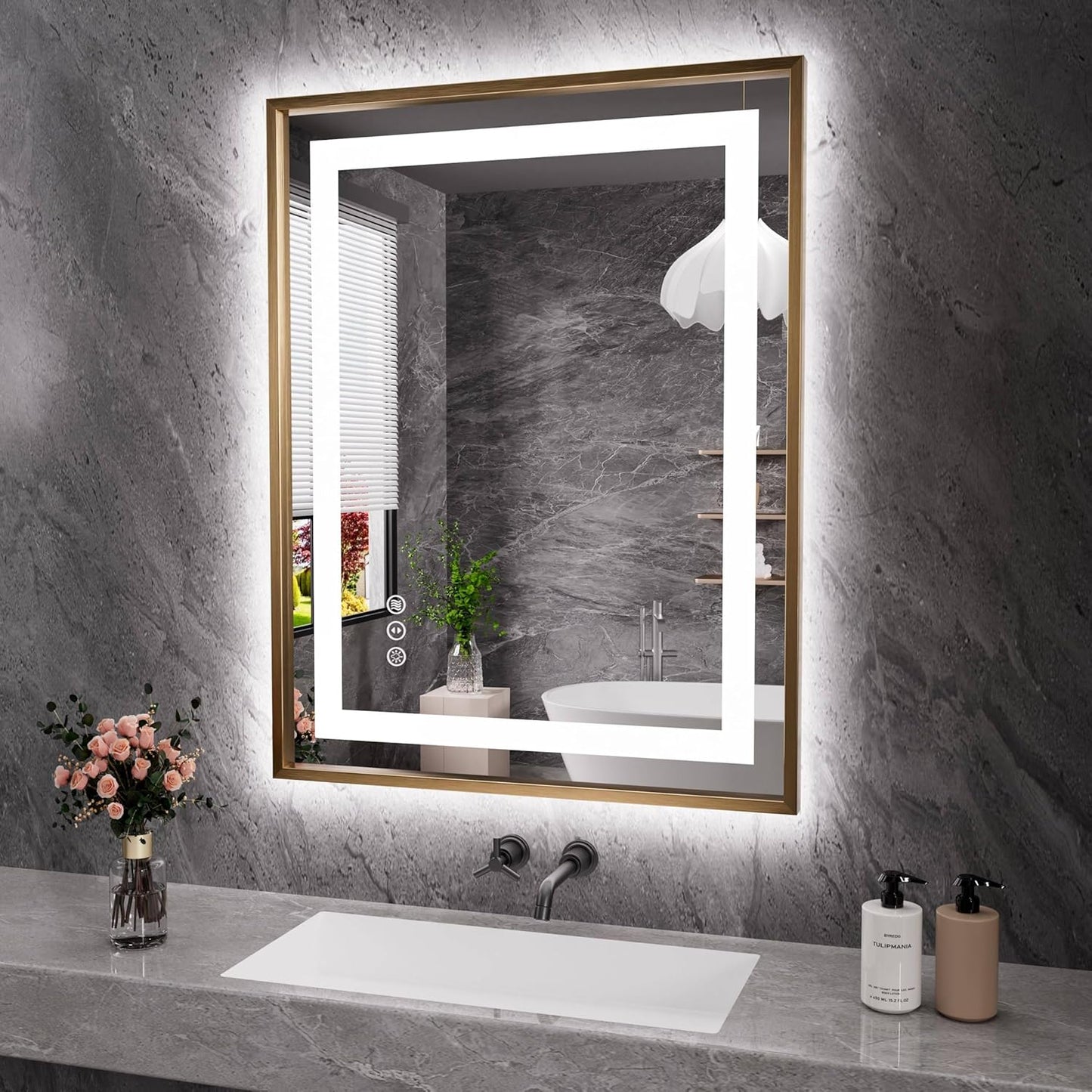 Amorho 28X36 Gold LED Bathroom Mirror with Front Light Features