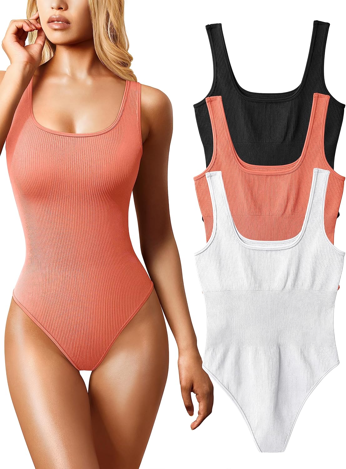 OQQ Women's 3 Piece Bodysuits: Sexy Ribbed Sleeveless Tops