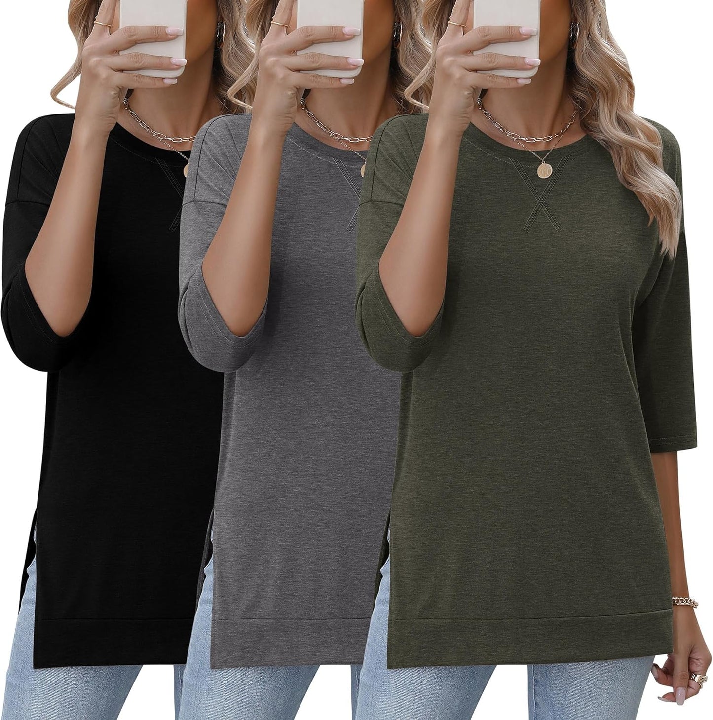 3 Pack 3/4 Length Sleeve Women's Tops with Side Slit Design