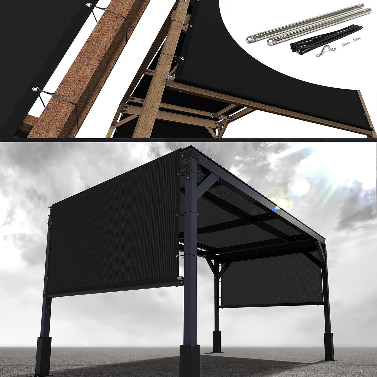 Versatile 9ft W x 29ft L Black Pergola Sun Shade Canopy Cover