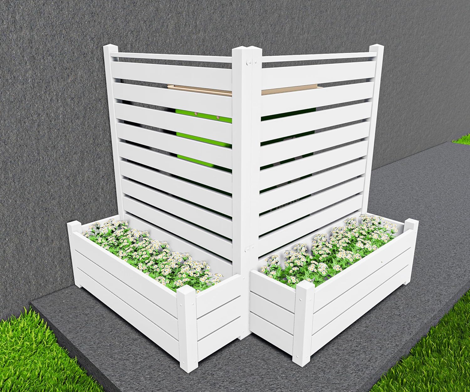Qikdesign White Vinyl Fence w/ Planter Box - Hide Trash & Equipment
