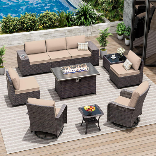 10 Pieces Patio Furniture Set with Swivel Chairs and Fire Pit