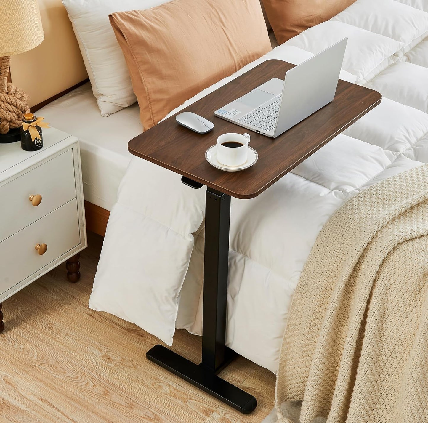 Overbed Table with Hidden Wheels for Adjustable Comfort & Style