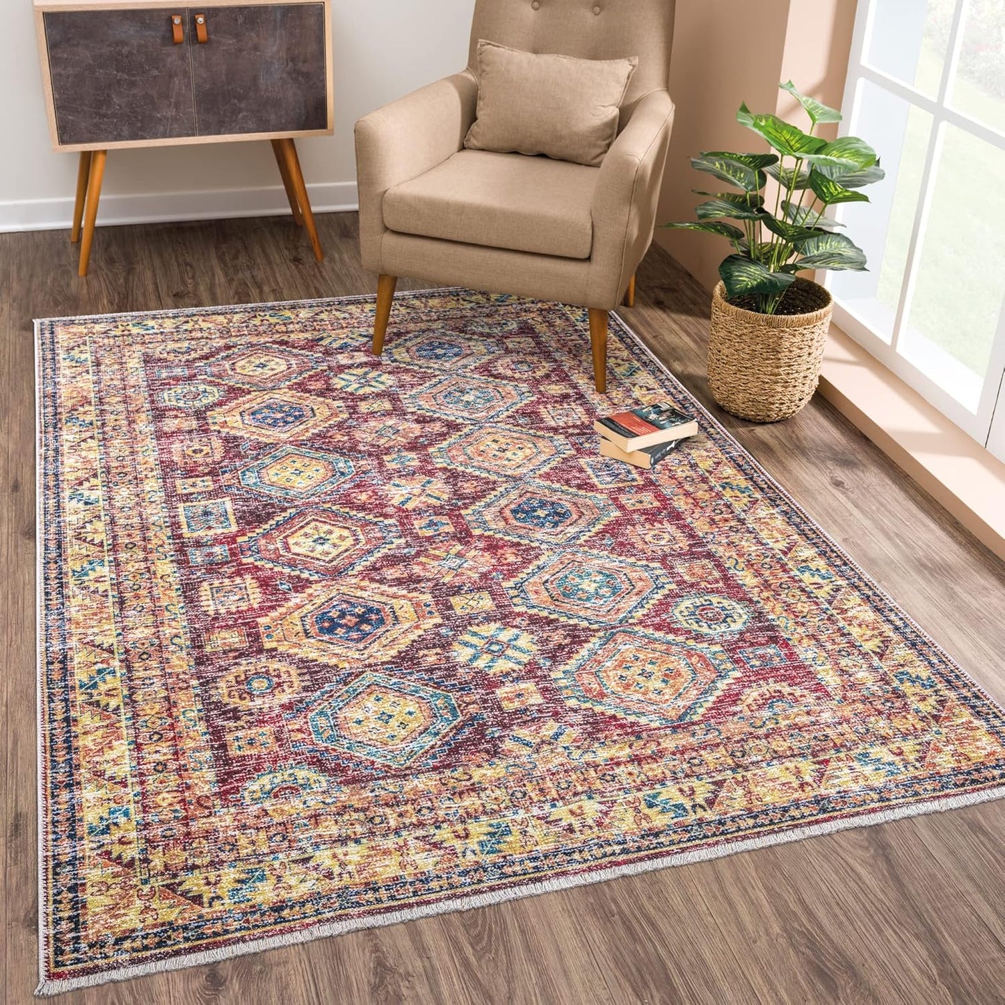 Caria Washable Non-Slip 8x10 Rug - Dark Red/Multicolor Style