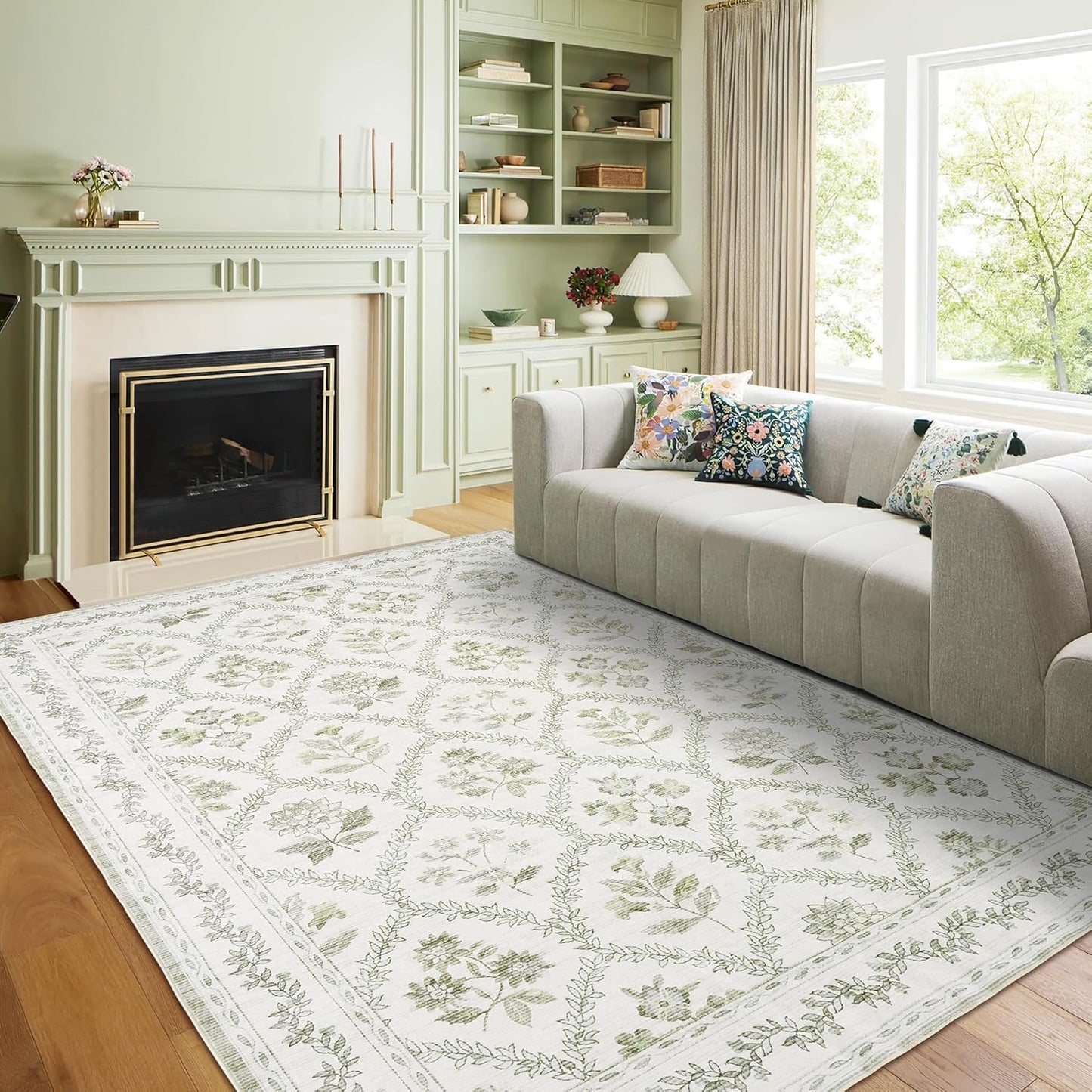 Sage Green Boho Area Rugs 5x7 for Living Room and Office