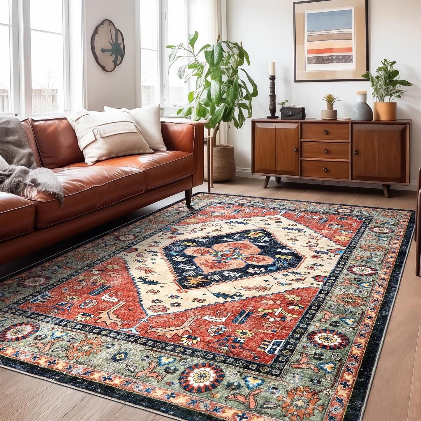 Washable Living Room Area Rugs - Soft Non-Slip Vintage Carpet