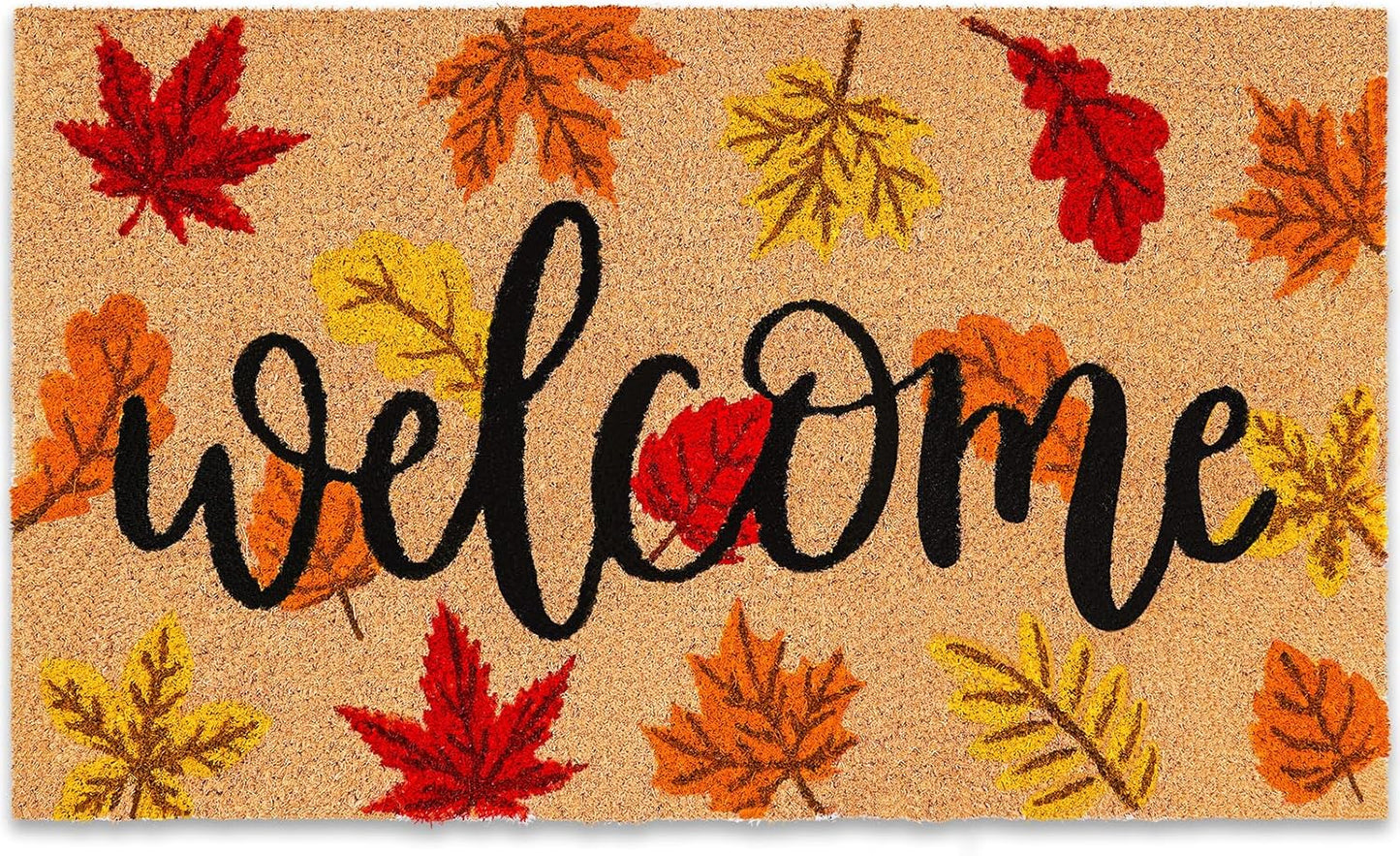 Fall Natural Coir Door Mat with Maple Leaves for Autumn Decor