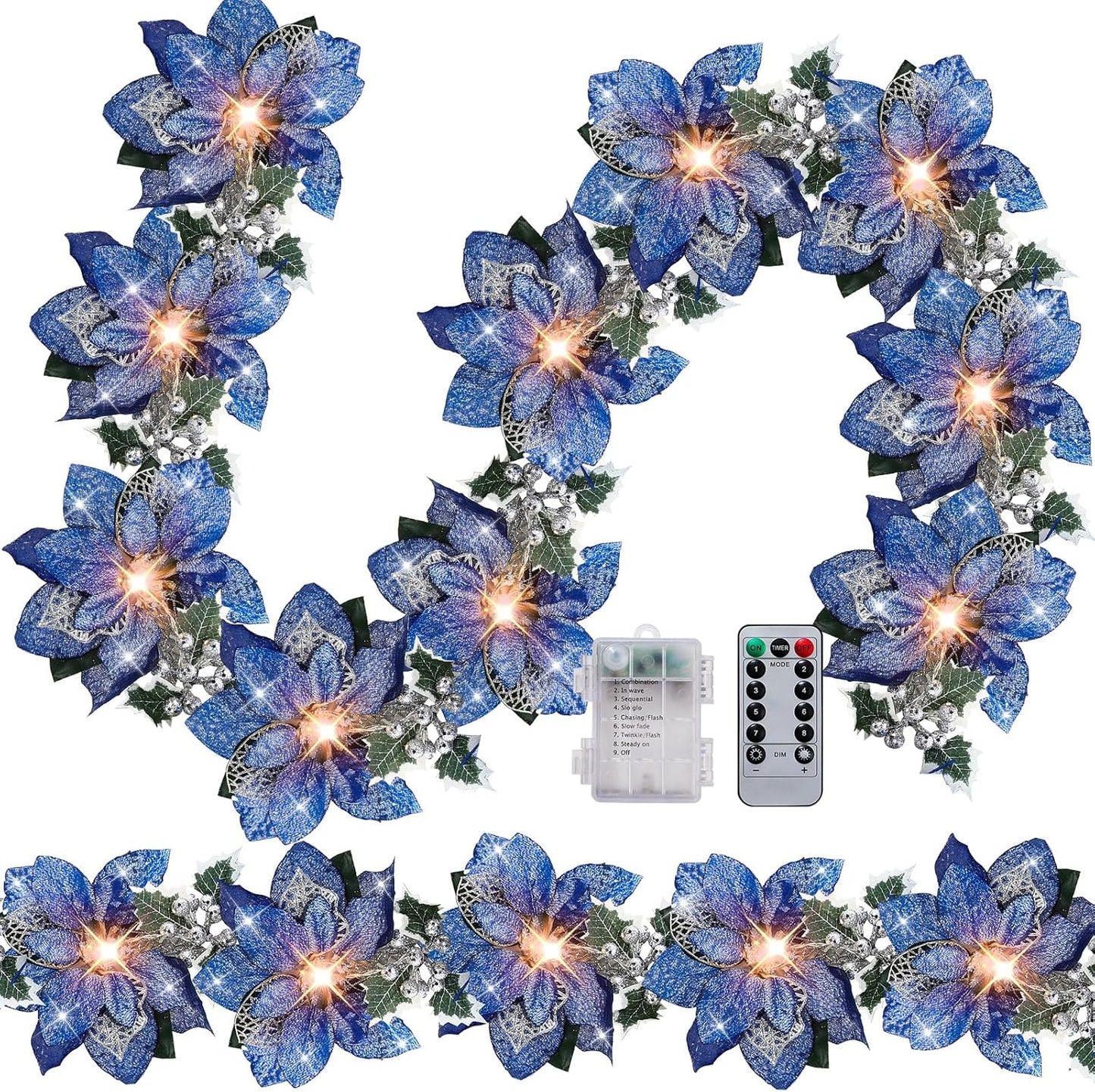 Prelit Poinsettia Christmas Garland with Remote Timer and Lights