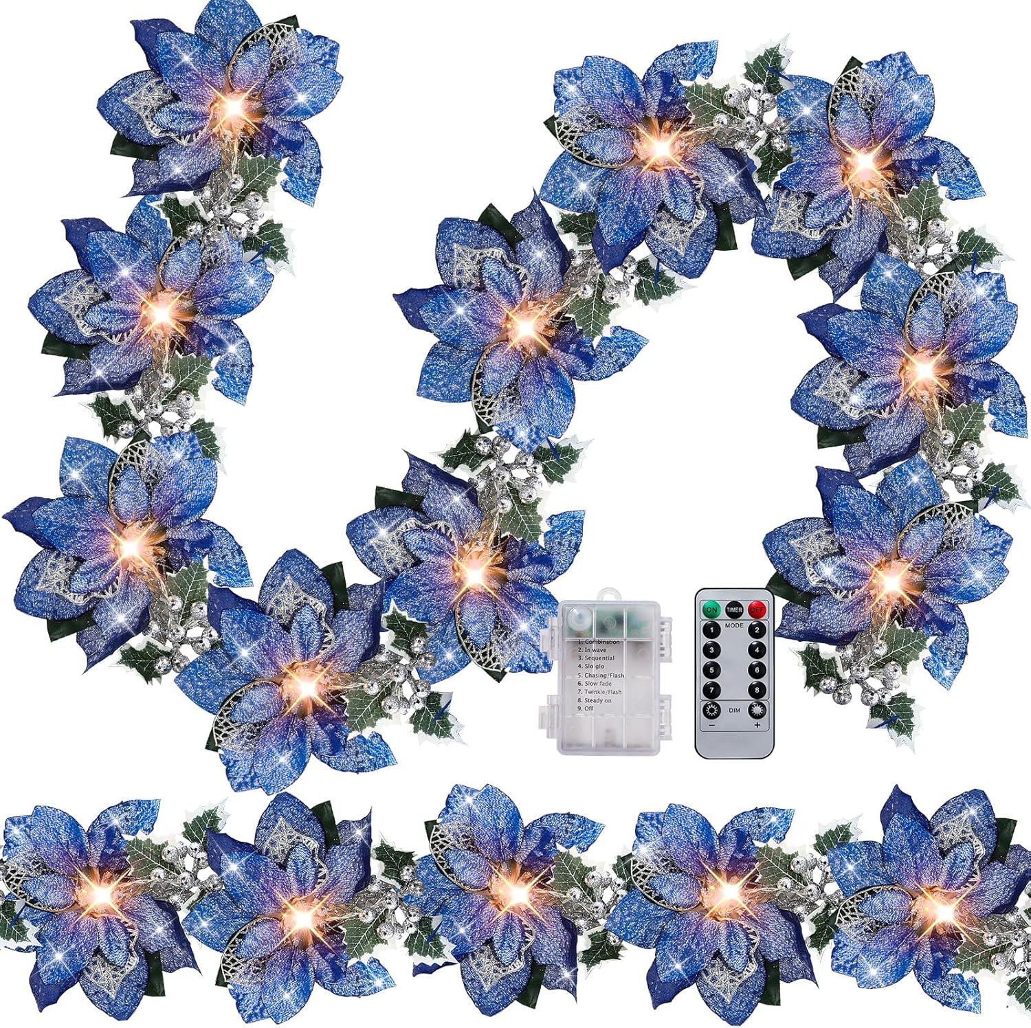 Prelit Poinsettia Christmas Garland with Remote Timer and Lights