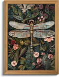 Framed Vintage 3D Textured Wall Art - Dark Green Dragonfly Flowers