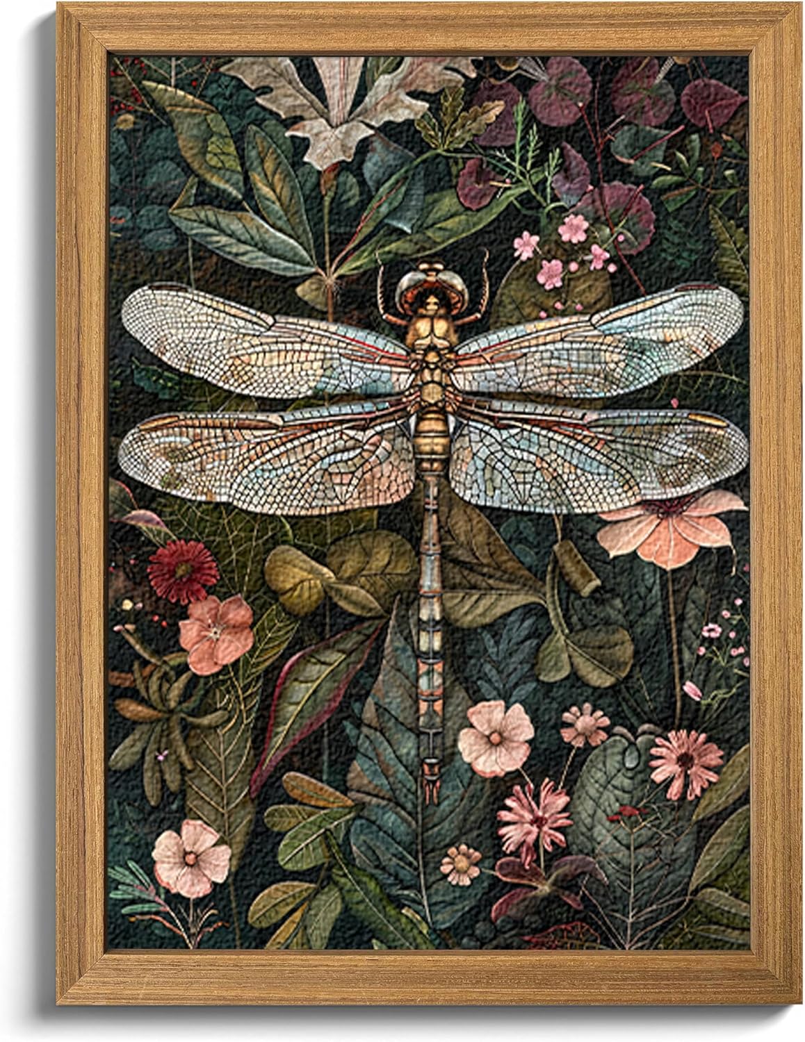 Framed Vintage 3D Textured Wall Art - Dark Green Dragonfly Decor