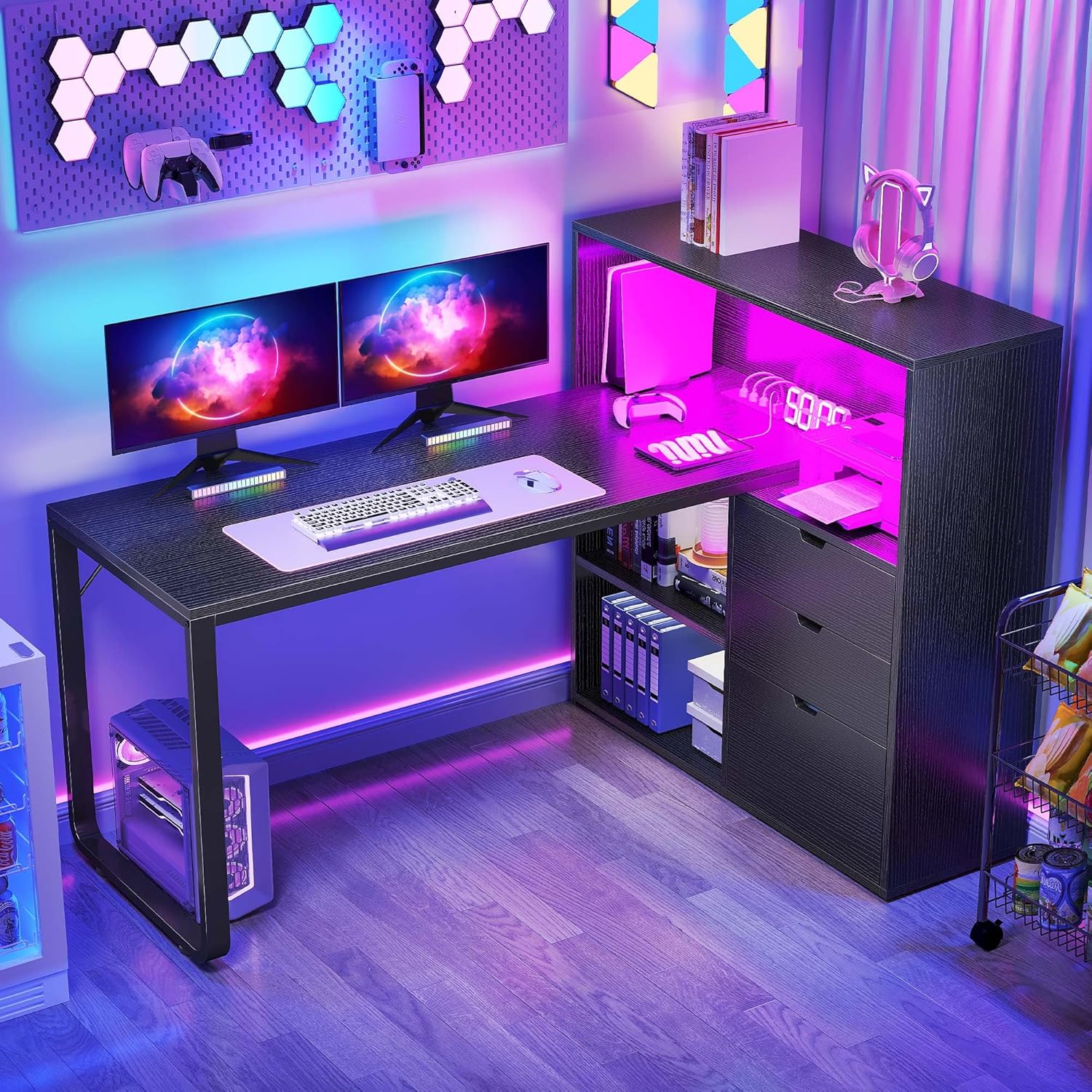 55 L Desk with Drawers, Power Outlets & LED Lights